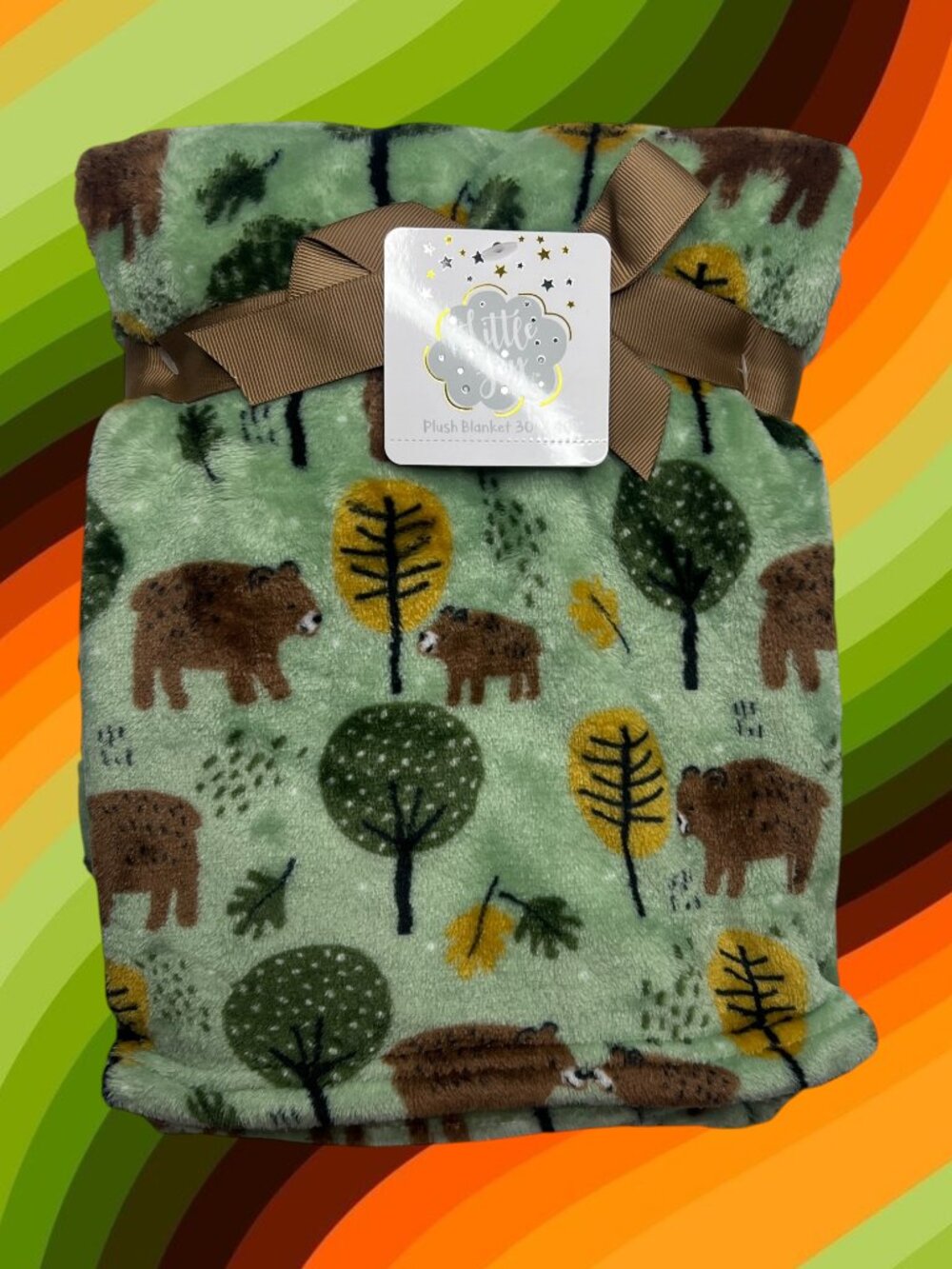 NWT Bears Plush Baby Blanket Animals Woods Forest Trees Woodlands Green Brown